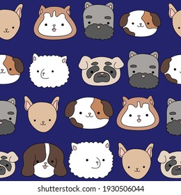 Blue pattern with cute, funny happy dogs. Prints, baby and pets texture for children.