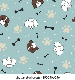 Blue pattern with cute, funny happy dogs. Paw prints multicolored, baby and pets texture for children.