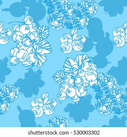 blue pattern with decorative berries: currants, Agrus, blueberry