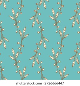 Padrão azul com motivo decorativo de galhos, folhas e bagas, desenho de rabiscar ornamento. Têxtil, fundo pastel, papel de parede.