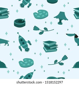 Blue pattern with dog, plant, book, 
rocket and paint palette. Simple vector illustration.