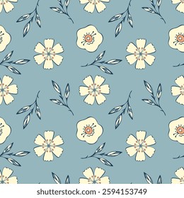 Blue pattern of doodle flowers, stylized beige flowers and leaves, on blue pastel background. For textiles, packaging, wallpaper, backdrops.