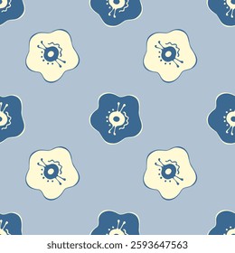 Blue pattern with flowers doodle, hand-drawn stylized flowers. For textiles, packaging, wallpaper, backdrops.