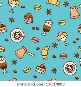 Blue pattern with food and drink for coffee shop