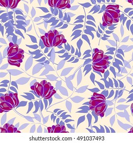 Blue pattern with forest leaves and purple flowers. Vector illustration