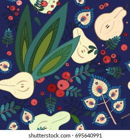 Blue pattern with hand drawn aloe vera, pears, red berries and grass