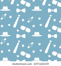 Patrón azul con sombreros, corbatas, relojes, gafas de sol para un diseño elegante y clásico. Accesorios Nostalgic para hombre. Fondo con motivos retro elegante