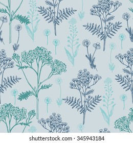 Blue pattern with herbs.  Endless texture. Seamless pattern can be used for textile, wallpaper, wrapping paper, web design.