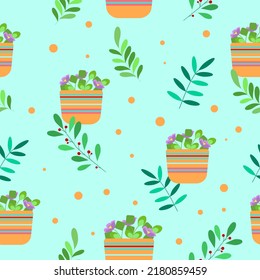 Blue Pattern with home plants. Vector art