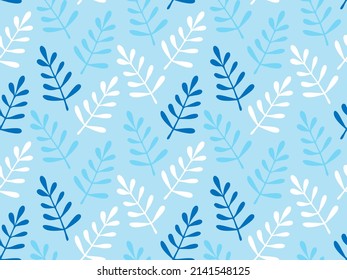 Blue pattern with leaves for fabrics of men's shirts in the Hawaiian style. Nice floral texture for the design of modern textiles, bed linen, abstract covers. Foliage hand drawn. Vector illustration.