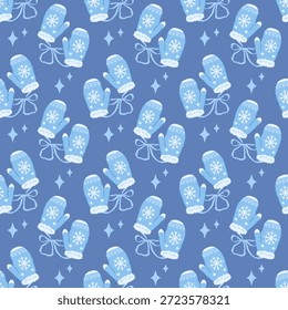 Patrón azul con manoplas. Patrón inconsútil del invierno, Plantilla de Vector para imprimir en telas y papel