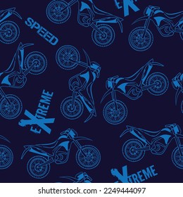 blue pattern with motorcycles. seamless grunge background for guys. Modern background in urban style. For textiles, bedding, fashion and sportswear.