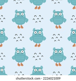 Blue pattern with owl. Printing on fabric and wrapping paper. Cover of notebook. Cute illustration in nursery.