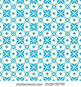 Blue pattern of petals and diamonds. White background and repeating textile pattern.