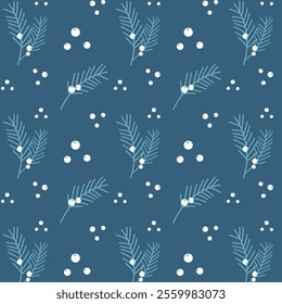 Blue pattern with pine spruce branches and white berries, winter background, night snowy sky. Vector illustration