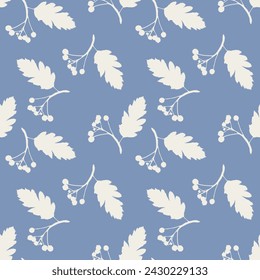Blue pattern with Rowan branch imprint silhouette pastel color. Vector illustration