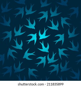 Blue pattern seamless of birds on dark background