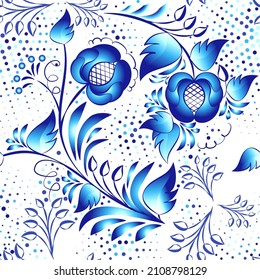 Blue pattern Seamless element for design in the style of ethnic porcelain cobalt painting. Repeating tiled Floral background with leaves and flowers. Vector illustration