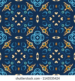 Blue pattern. Seamless weave background. Intricate oriental decoration. Elegant abstract flower design element. Floral curvy square tile. Yellow, golden and brown colors. Luxury wallpaper, floor cover