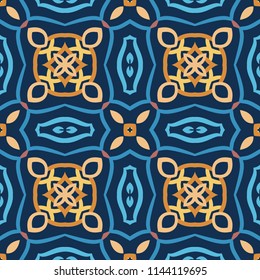 Blue pattern. Seamless weave background. Intricate oriental decoration. Elegant abstract flower design element. Floral curvy square tile. Yellow, golden and brown colors. Luxury wallpaper, floor cover