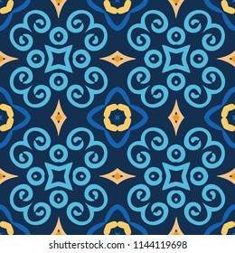 Blue pattern. Seamless weave background. Intricate oriental decoration. Elegant abstract flower design element. Floral curvy square tile. Yellow, golden and brown colors. Luxury wallpaper, floor cover