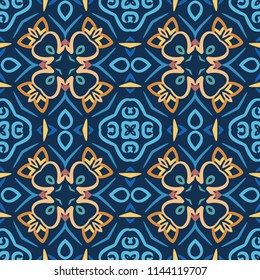 Blue pattern. Seamless weave background. Intricate oriental decoration. Elegant abstract flower design element. Floral curvy square tile. Yellow, golden and brown colors. Luxury wallpaper, floor cover