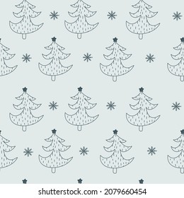 Blue pattern with stars Christmas tree lines and doodle. Winter texture, textiles, children wallpaper.