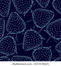 Blue pattern of strawberries. The blue color scheme gives the image a calm and soothing mood