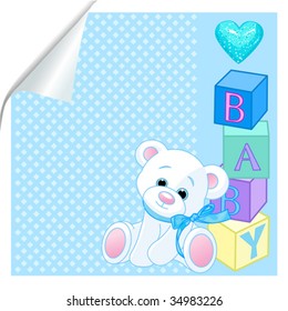 Blue pattern with Teddy Bear and word "baby" spelled out by blocks.