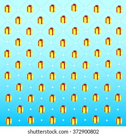 Blue Pattern / Texture Background with Yellow Present Boxes / Gifts Vector