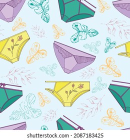 Blue pattern with underwear. Background screensaver. Briefs of different styles. Natural motives. Leaves and flowers. Colored panties.