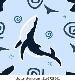 Blue pattern with whales and swirls. Background for wallpaper, cover for notebooks, texture for a blanket, business card and other