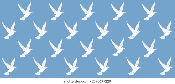 Blue pattern with white silhouette of birds flight background