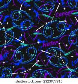 Blue pattern with zodiac sign Cancer, constellation, text, paint splatter, brush strokes, alchemical triangle symbol of water element Grunge style for sport goods, prints, clothing, t shirt design