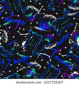 Blue pattern with zodiac sign Scorpio, constellation, text, paint splatter, brush strokes, alchemical triangle symbol of water element Grunge style for sport goods, prints, clothing, t shirt design