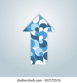 Blue patterned colorful arrow pointer up with a shadow on a light gray background in a modern flat style. Vector illustration.