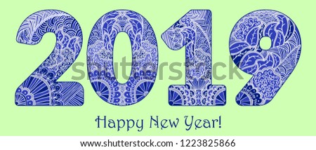 Blue Patterned Figures 2019 Year Happy New Year Congratulations Mehndi Style Of Painting Blue Patterned Figures 2019 Year Happy New Year Congratulations Mehndi Style Of Painting