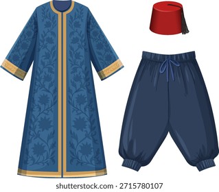 Vestido azul estampado, calças soltas e chapéu vermelho fez no estilo de ilustração de vetor plano