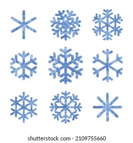 Blue patterned snowflakes isolated on white background. Winter decor.