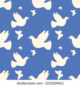 Blue patterns with white doves and butterflies. Seamless pattern illustration.