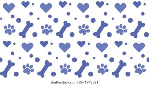 Blue Paw with Dog Bone and heart seamless pattern. Footprint pet Paw