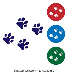 Blue Paw print icon isolated on white background. Dog or cat paw print. Animal track. Set color icon in circle buttons. Vector Illustration