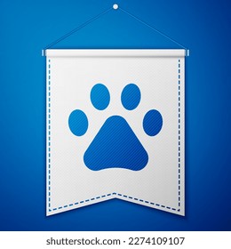Blue Paw print icon isolated on blue background. Dog or cat paw print. Animal track. White pennant template. Vector