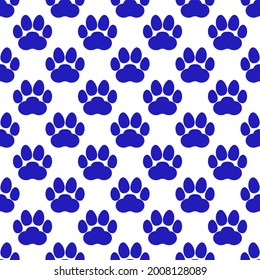 Blue paw print seamless repeating background pattern. Cat or dog footprints. Vector illustration. 