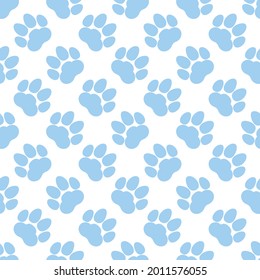 Impresión de la pata azul con un patrón de fondo de repetición sin fisuras. Huellas de gato o perro. Ilustración vectorial. 