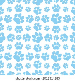 Blue paw print seamless repeating background pattern. Cat or dog footprints. Vector illustration. 