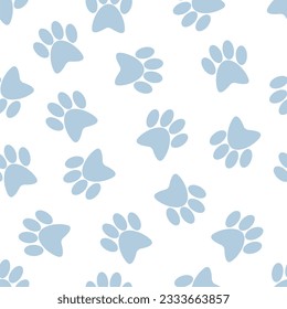 Patas azules de mascotas sobre un fondo blanco. Patrón veloz. Ideal para textiles, tejidos, embalajes, papel de embalaje