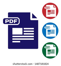 Blue PDF file document. Download pdf button icon isolated on white background. PDF file symbol. Set color icons in circle buttons. Vector Illustration