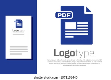 Blue PDF file document. Download pdf button icon isolated on white background. PDF file symbol. Logo design template element. Vector Illustration