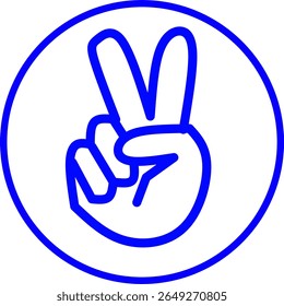 A blue peace hand icon in a circle